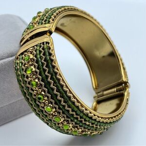 Stunning Vintage Green Rhinestone & Gold Tone Wide Hinged Cuff Bracelet